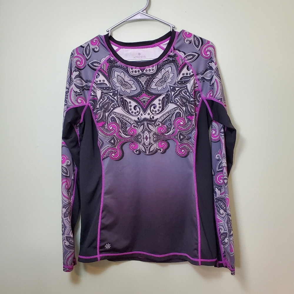 Athleta Runaway Top Running Fitness Long Sleeve Shirt Medium Purple Grey Paisley